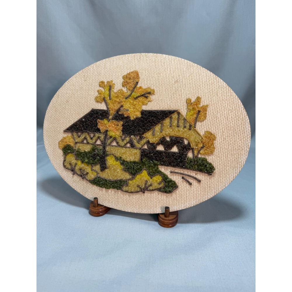 Vintage Pebble Gravel Art Covered Bridge 60s Retro Autumn Decor Oval 9x12 Scenic